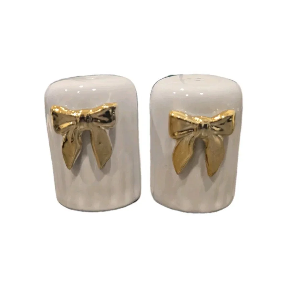 New Christmas White / Gold Bow Salt & Pepper Shakers Salt N Pepper Dinning Set